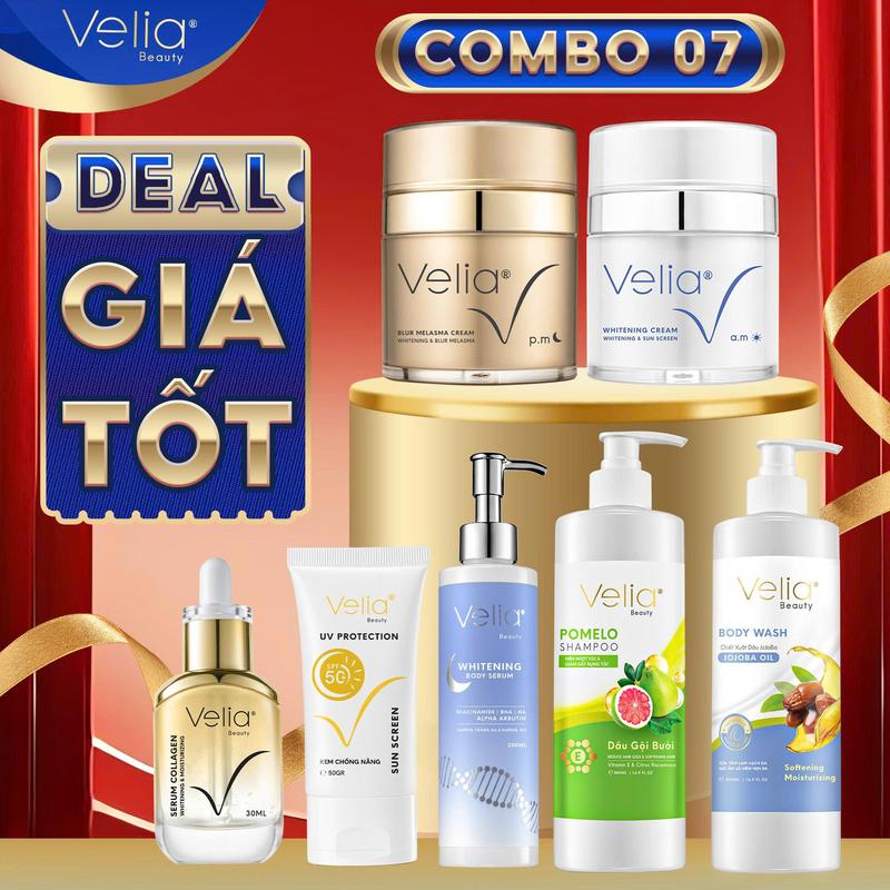 [#70 DEAL TỐT] Combo 07 Kem Dưỡng Ngày + Kem Cải Thiện Nám + Serum + Kem Chống Nắng + Serum Body + Dầu Gội + Sữa Tắm VELIA