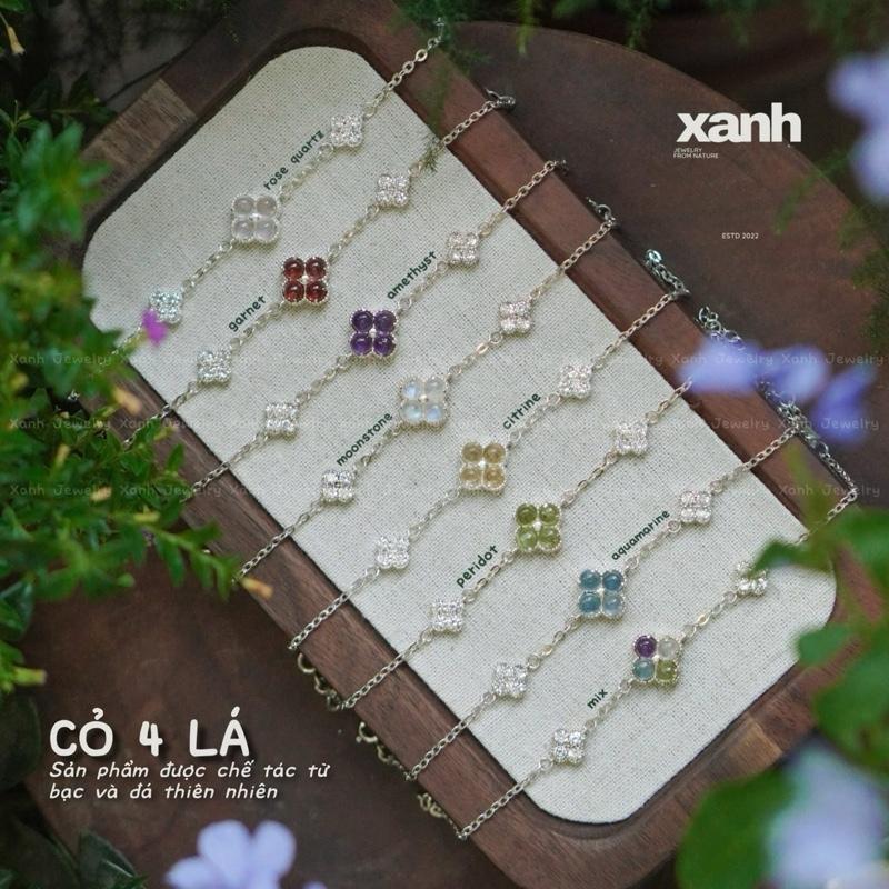 Vòng tay Cỏ 4 lá may mắn bình an đá thiên nhiên garnet citrine moonstone peridot aquamarine amethyst rose quarzt - Xanh Jewelry