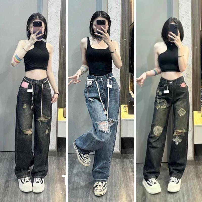 Quần jean rách MELINA quần bò nữ ống suông cạp cao rách gối màu xanh đen ánh rêu size S M L SPG5 quan jean ong rong