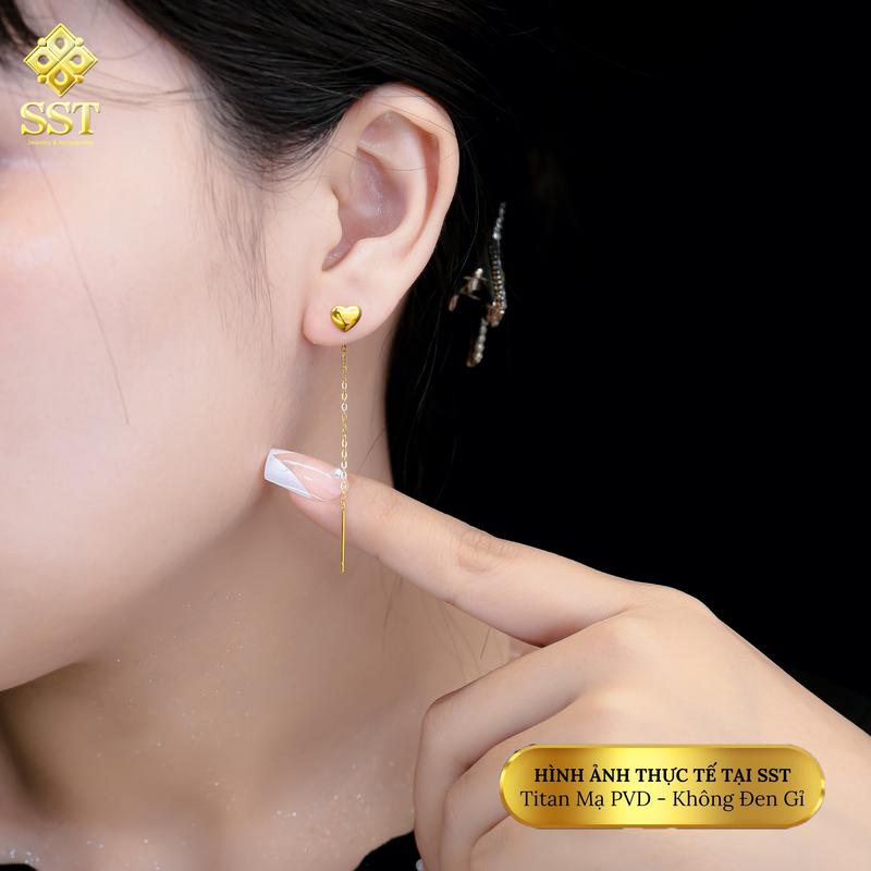 Bông tai nữ Titan SST Official Store Kiểu trái tim nhỏ dây tòn ten sang trọng đi tiệc Không Đen Gỉ BT01