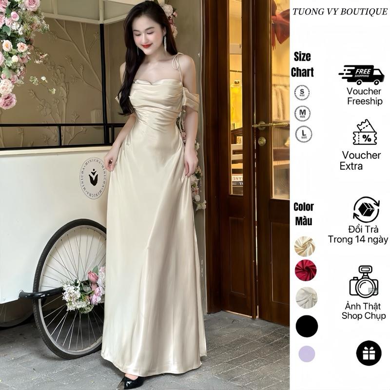 VÁY LỤA DÁNG DÀI RỚT VAI Xẻ Tà DÂY CỘT NHIỀU KIỂU - KHÔNG MÚT Xếp Ly Trước Chất Lụa Mềm Mịn Phong Cách Sang Trọng Thanh Lịch Dành Cho Nữ - TV236 Women Kem Dress Nhung Hoa Sen