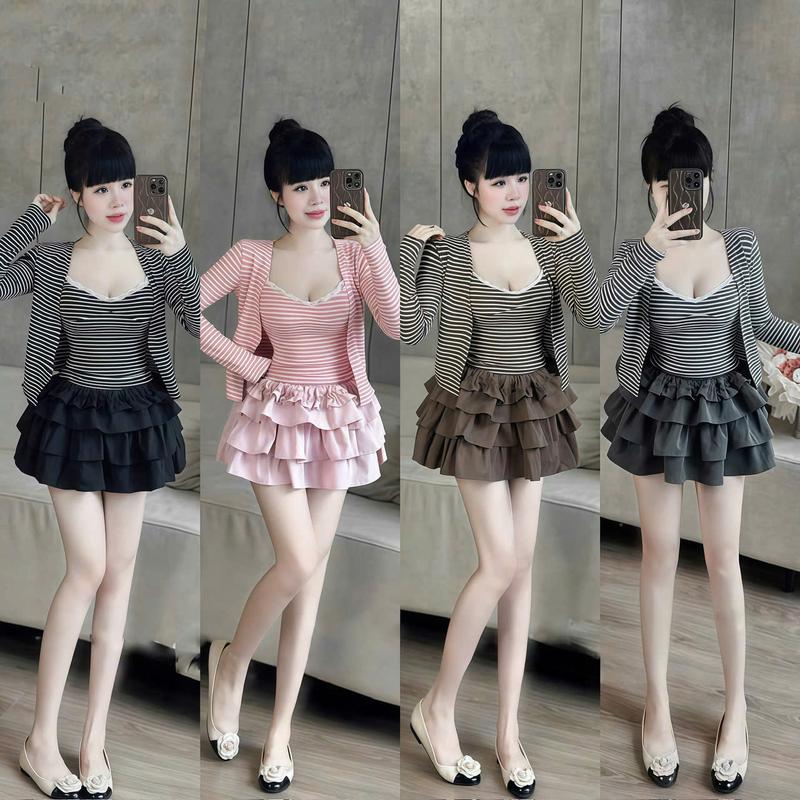 Set đồ nữ 3 món áo sọc viền ren kèm áo khoác phối chân mango xếp tầng có lót sang chảnh trẻ trung xinh xắn phù hợp cho các nàng diện đi tiệc đi chơi đi du lịch