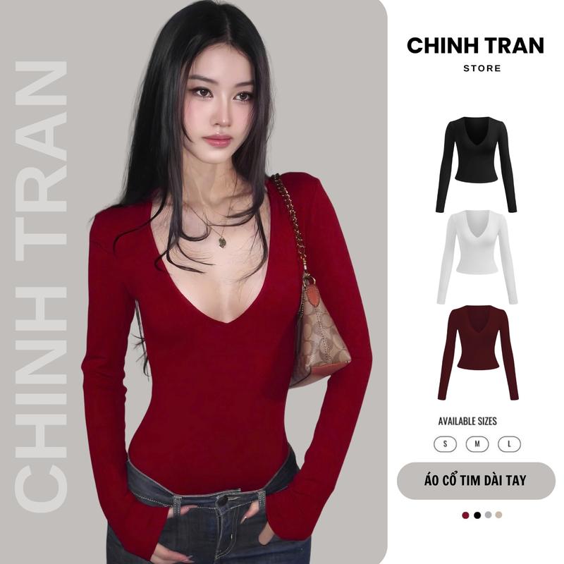 MỞ BÁN Áo Thun Cổ Tim Khoét Sâu Dài Tay Sexy Form Ôm Body Trơn Basic