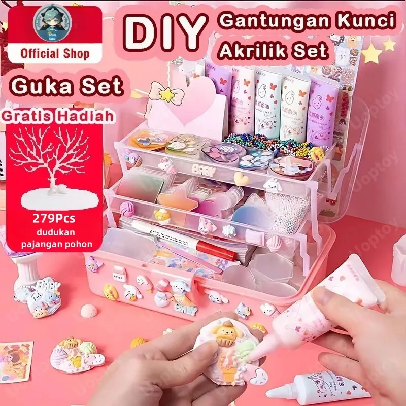 DIY Gantungan Kunci DIY Guka Set Keychain Set Gooka Set Cream Gum Kartun DIY Guka Sticker Mainan DIY Keychain Set Cream Kotak Kartun Girls Mainan COD