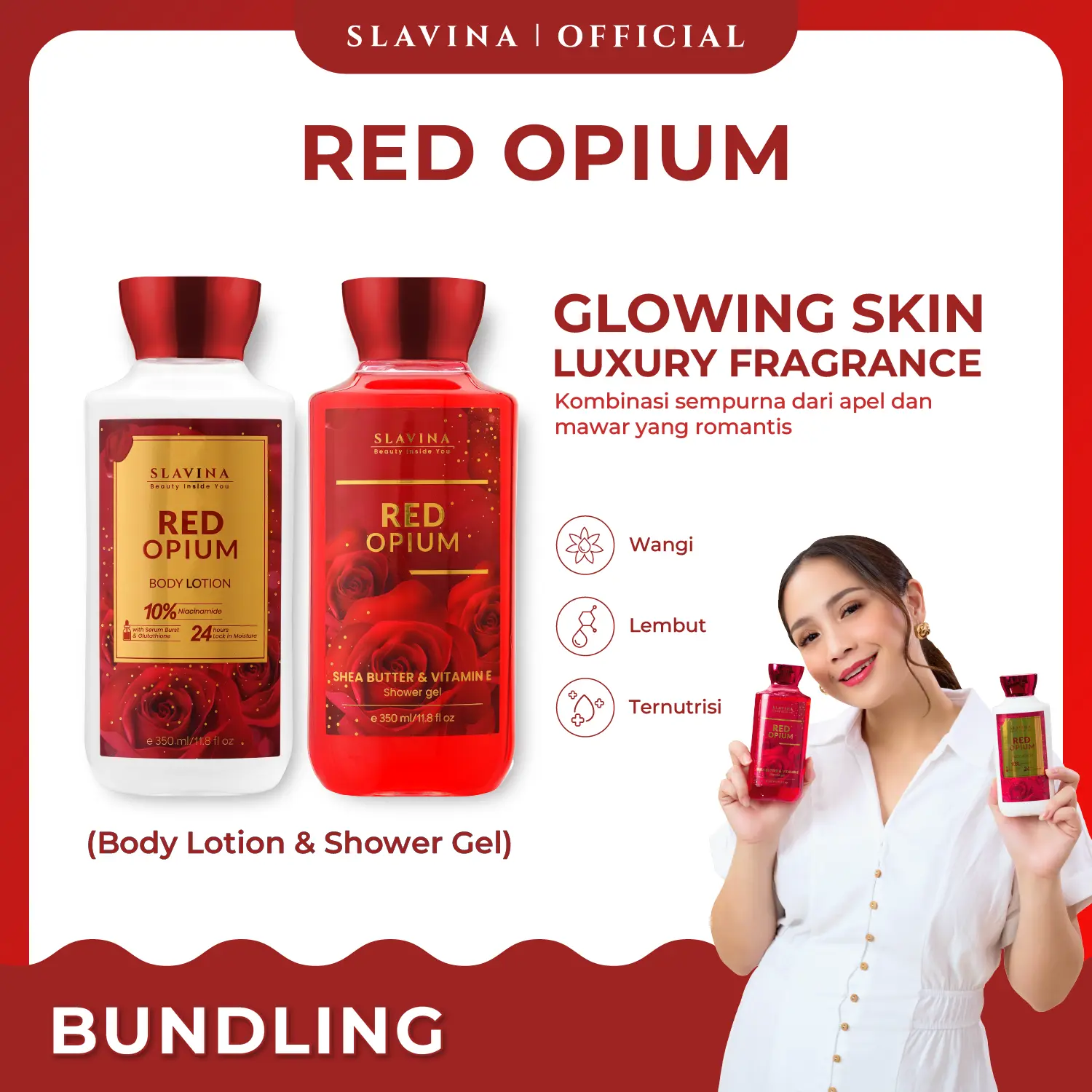 SLAVINA Red Opium Body Care Shower Gel Hand Body Nagita Slavina Moisturizer dan Sabun Mandi Cair 350ml Perawatan Tangan Kering Vitamin Glutathione Niacinamide Wangi Bunga Memutihkan Tubuh