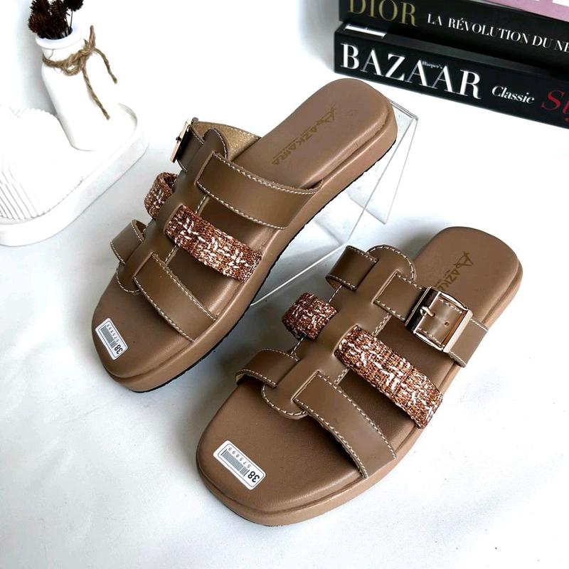 AZKAIRA - AUREL Bahan Rajut Sandal Remaja Kekinian  Lembut Dan empuk high quality  Sendal Cewek Flat Wanita Hitam 4