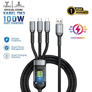 YIBAO LENTIVEN Kabel Data 3 in 1 100W Fast Charging Untuk Iphone Dan Andorid Type C Micro Lightning Cable Data TM3