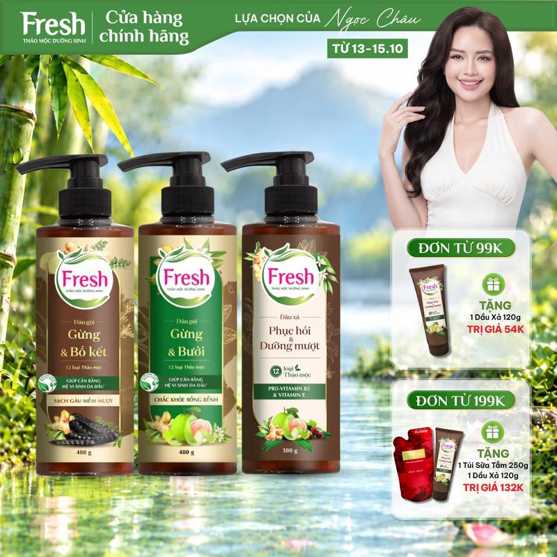 Dầu Gội 480g/ Dầu Xả 380g FRESH Thảo Mộc Dưỡng Sinh Sạch Gàu, Mềm Mượt, Dưỡng Tóc Mềm Mượt