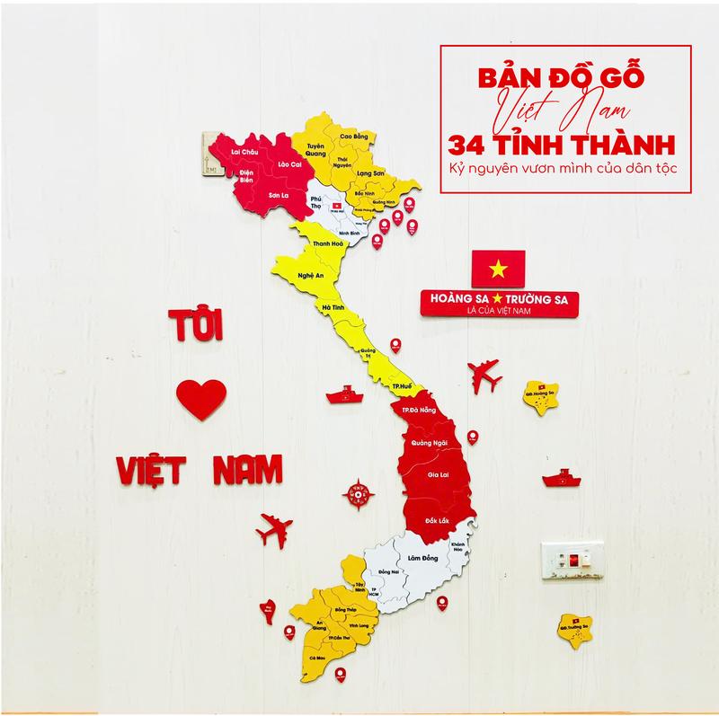 [34 TỈNH KHÔNG CHÚ THÍCH TÊN TỈNH CŨ] Bản đồ gỗ Việt Nam dán tường sáp nhập 34 tỉnh thành, MIỄN PHÍ VẬN CHUYỂN, đầy đủ phụ kiện cờ, la bàn, máy bay, keo dán trang trí nhà cửa, lớp học, văn phòng,...