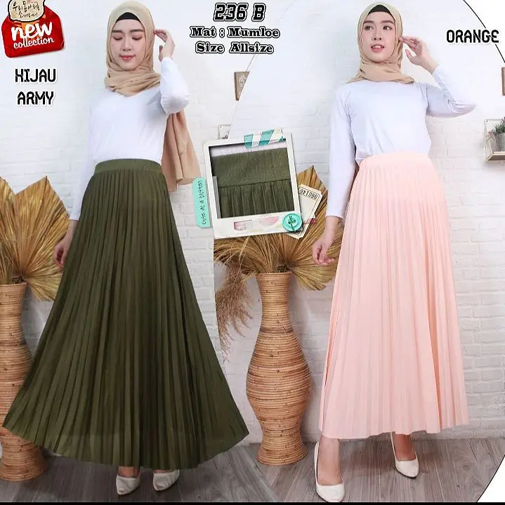 236 B New Rok Prisket Polos Mat Mumloe Korean Style / pakaian bawahan rok wanita plisket Mat Mumloe terbaru Karet Muslim Panjang