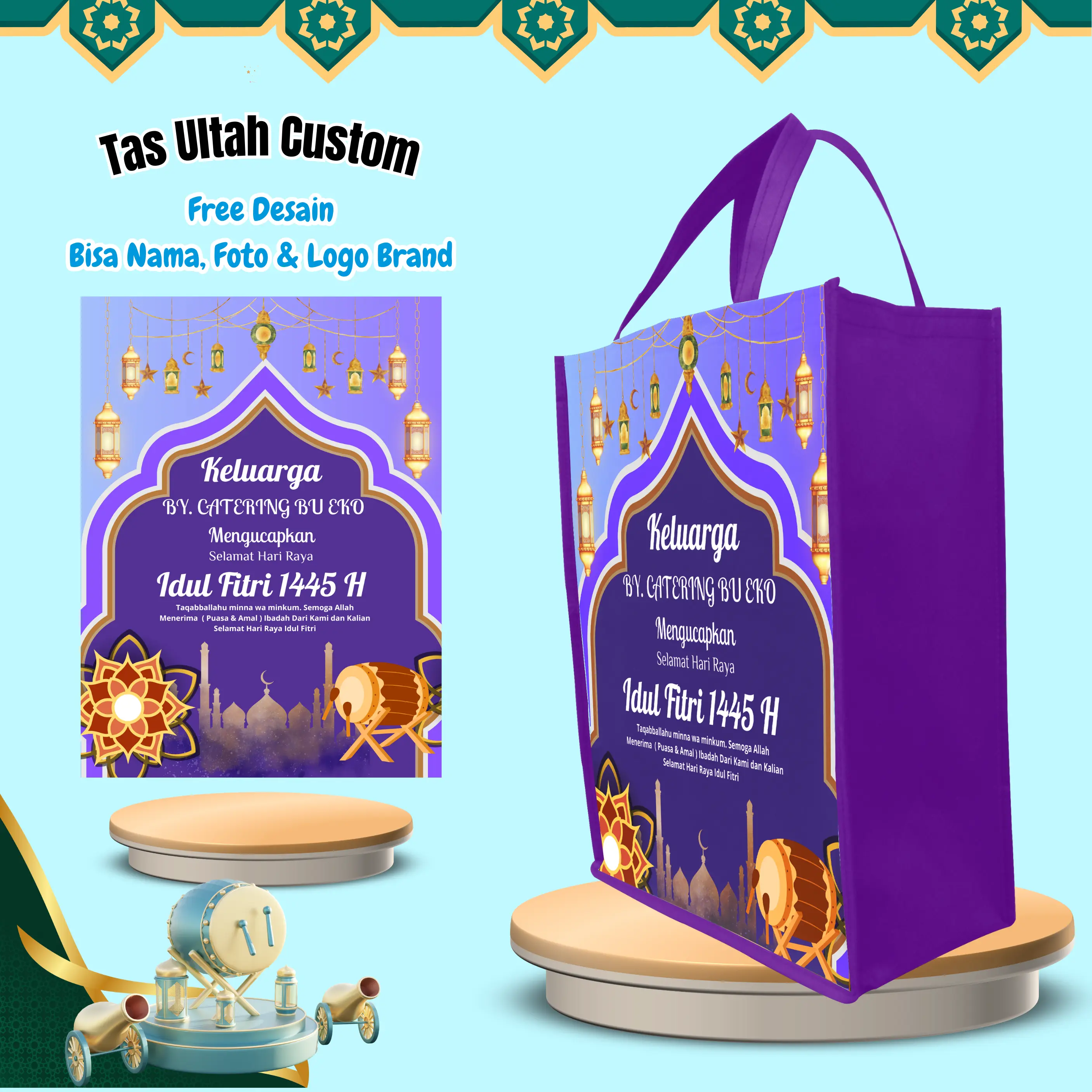 35 Pcs Tas Parcel Lebaran Sembako Idul Fitri Ulang Tahun Custom Desain Pakai Nama & Foto Anak Kain