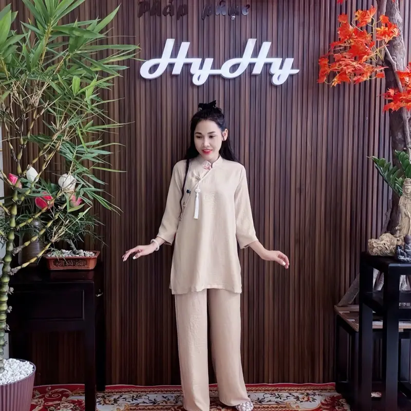Diệu Thiện - Bộ Pháp Phục Lễ Chùa Nữ Big Size Nút Cài Phối Màu Trẻ Trung - HyHy