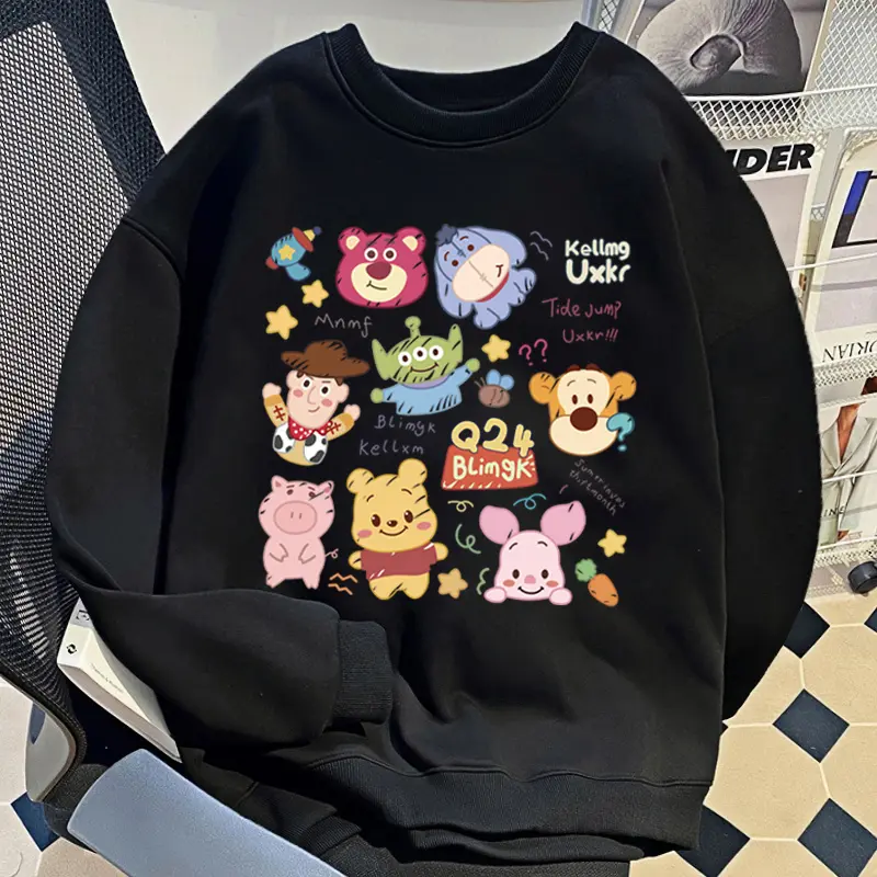 Sweter longgar kebesaran pola kartun atasan katun kasual lengan panjang untuk wanita 5
