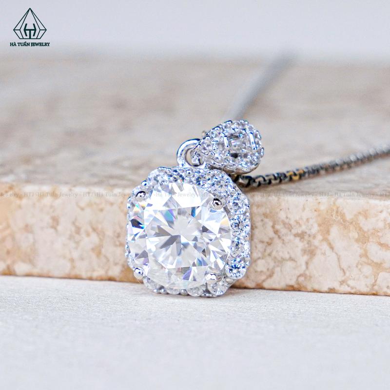  Mặt Dây Chuyền Bạc 925 Xi Kim Viên Đá Chủ Moissanite 8mm px297 Hà Tuấn Jewelry 