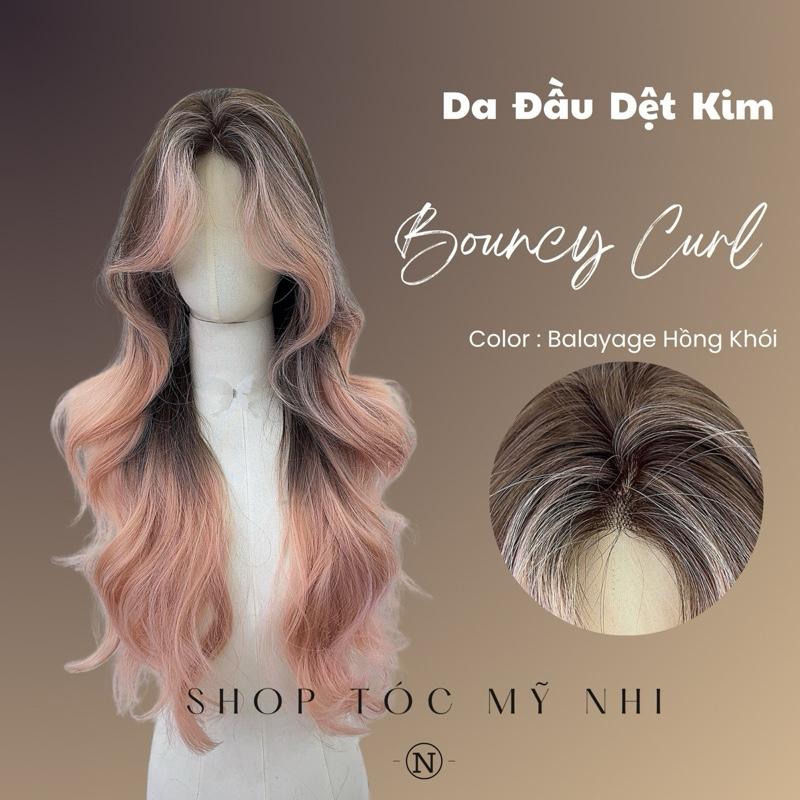 Tóc Giả Mỹ Nhi Bouncy Curl Xoăn Bung Layer Mái Bay Màu Nâu Nhuộm Balayage Hồng x-3d-0202 Da Đầu Dệt Kim Kết Hợp phân khúc DÁN KEO