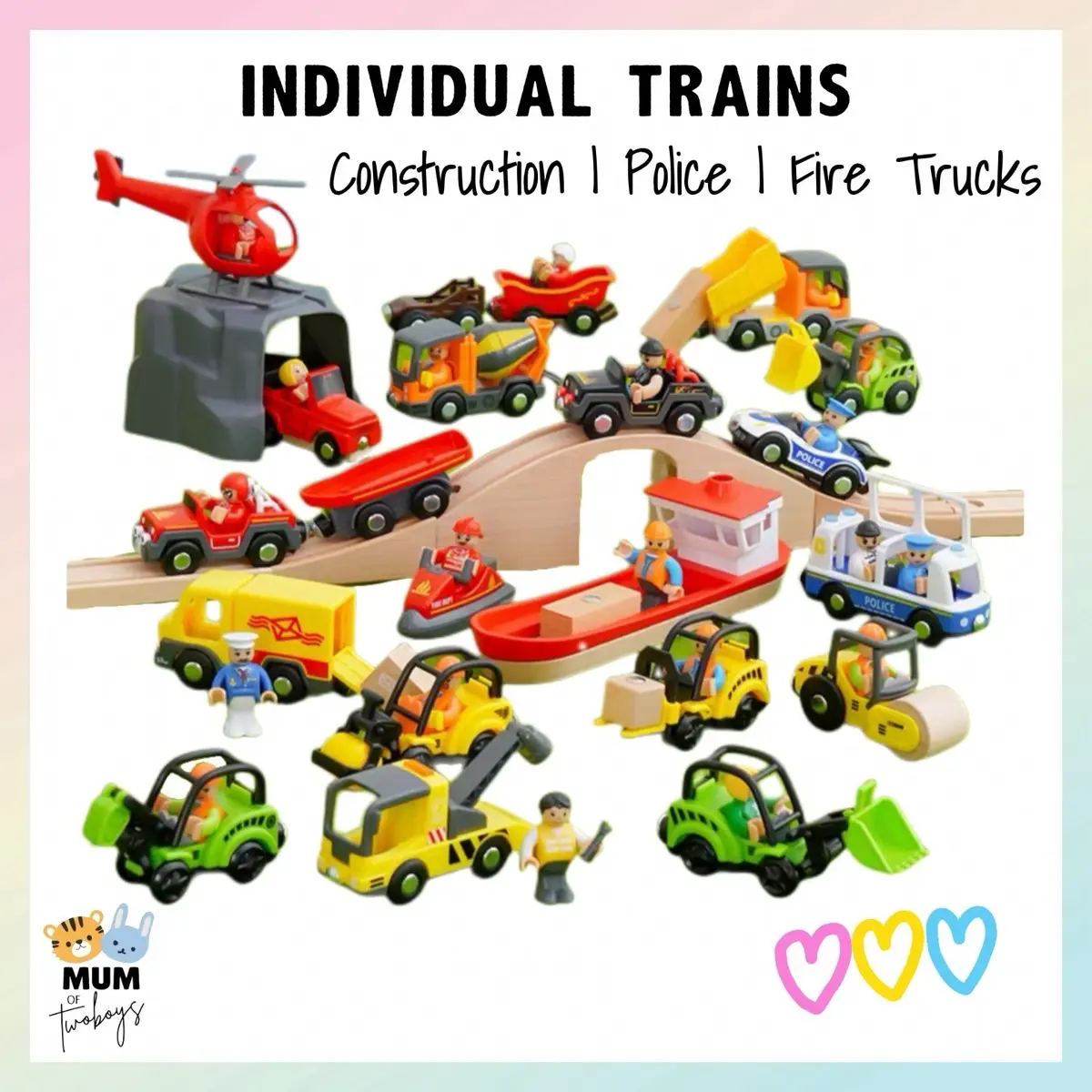 [MUMof2boys] Individual Train Toy Vehicle Add-Ons for Wooden Train Tracks - Construction Truck, Police Car, Fire Truck