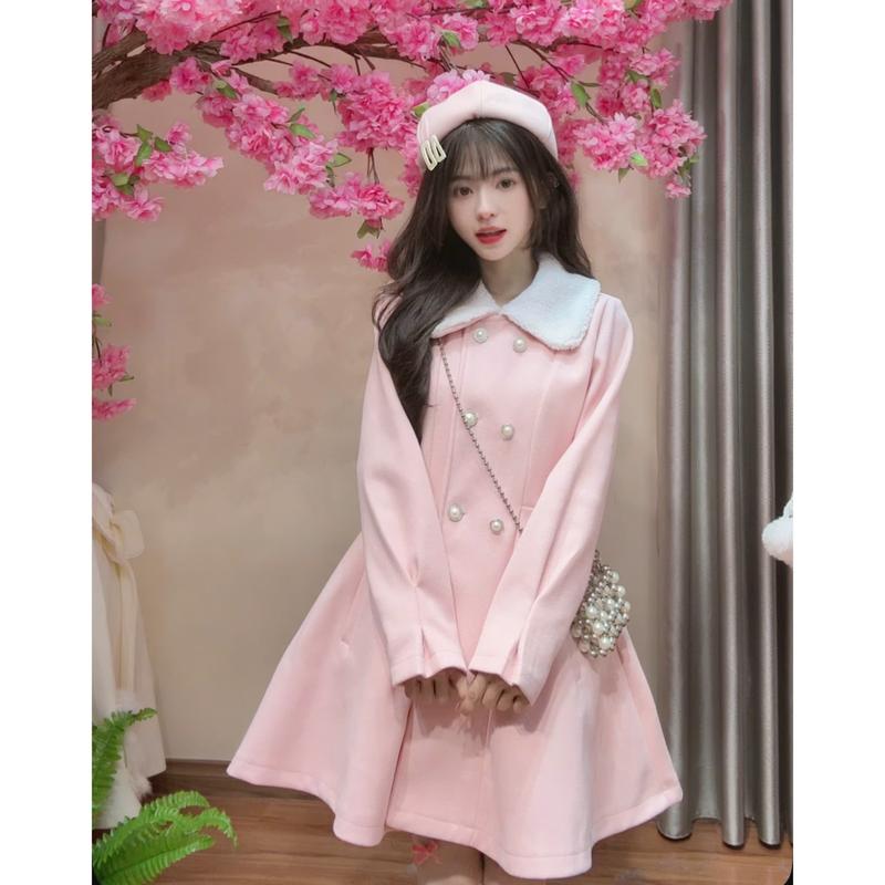   SET 4 CHI TIẾT   KÈM MŨ+NƠ+ĐAI  Áo khoác kiểu nữ AK122 chất dạ ép dáng váy xòe tiểu thư form rộng dài tay dày dặn thu đông Hàn Quốc Kozoda 