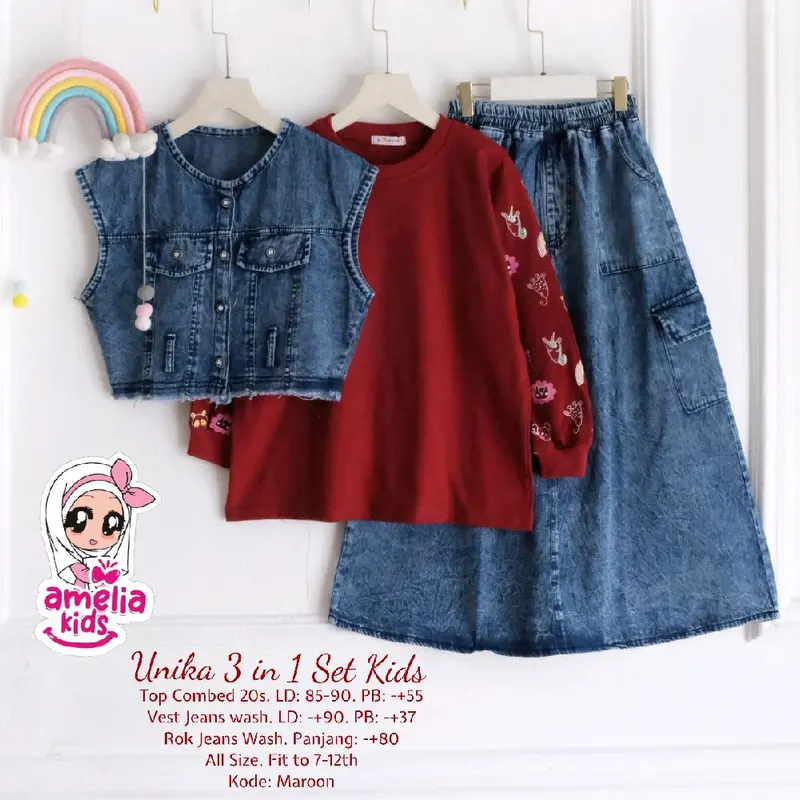 Aliya 3 in 1 Kids Baju Anak Amelia Kids Baju Anak Usia 7-12 Tahun Setelan Rok Jeans Anak Model Terbaru BAJU ANAK VIRAL BAJU ANAK KEKINIAN AMELIA KIDS 5