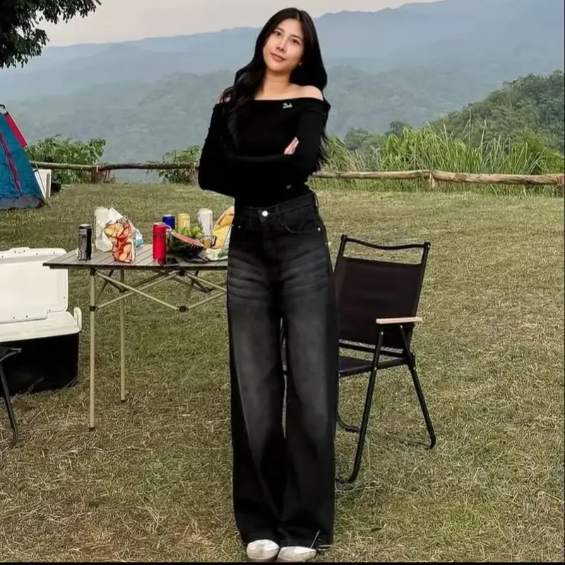 Hitam Retro Highwaist Celana Jeans Wanita Loose Kekinian Panjang Nyaman 0