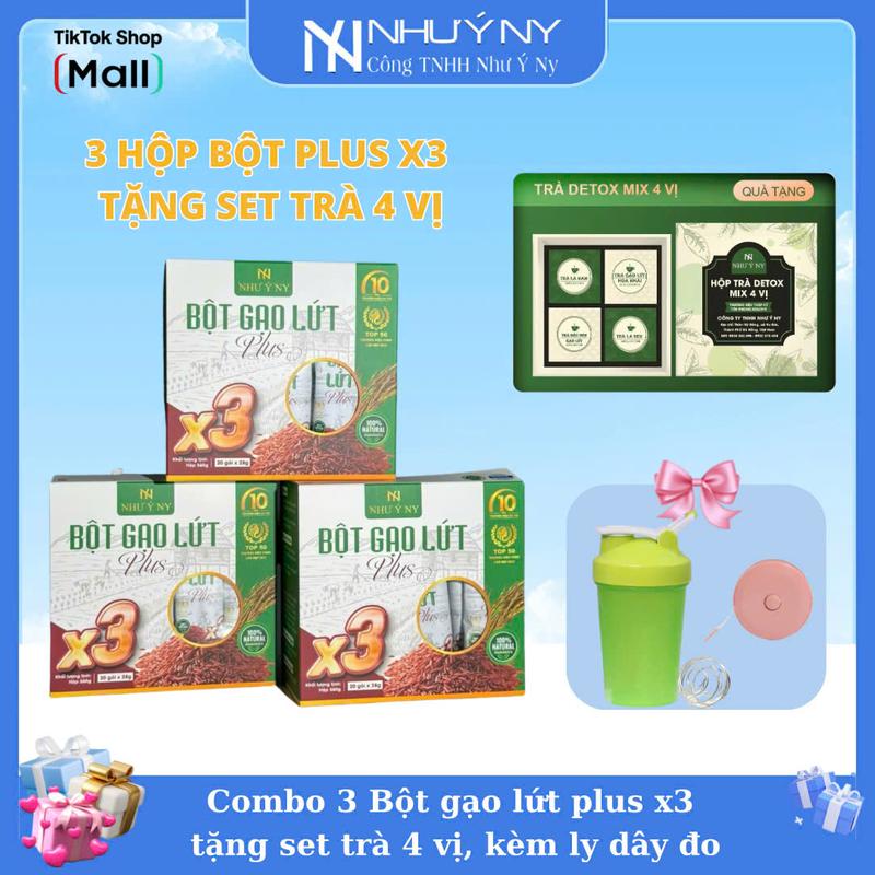 [ TẶNG SET TRÀ MIX 4 VỊ ] Combo 3 Hộp Bột Gạo Lứt Plus X3 Như Ý NY  - Tặng Bộ Qùa Tặng Mix 4 Vị Trà + Thước Dây + Phiếu Bảo Hành