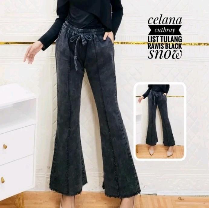 Celana Cutbray Wanita Jeans Model Highwaist Kekinian Bawahan Cewek Casual Pinggang Karet Panjang Nyaman Hitam Dewasa Denim 5