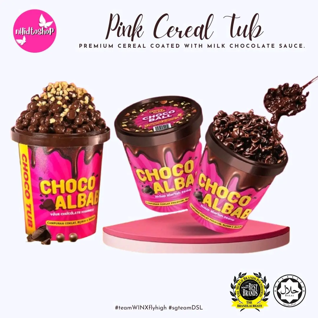 Choco Albab Pink Cereal Tub | Mini Choco Crunch Cereal Coated In Milk Chocolate Sauce & Topped With Almonds | SG Instock | Instant Breakfast