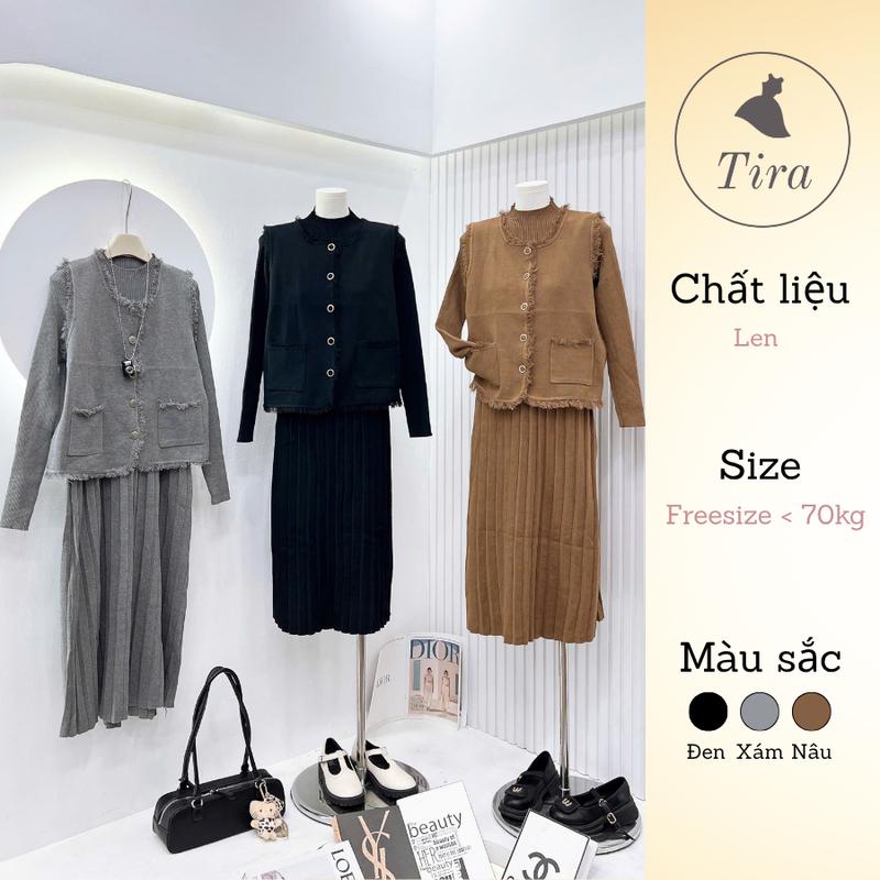   Tira Mama Design M344 Váy suông bầu dáng dài Set váy len bầu dài tay xếp ly kèm gile len tua rua cách điệu 