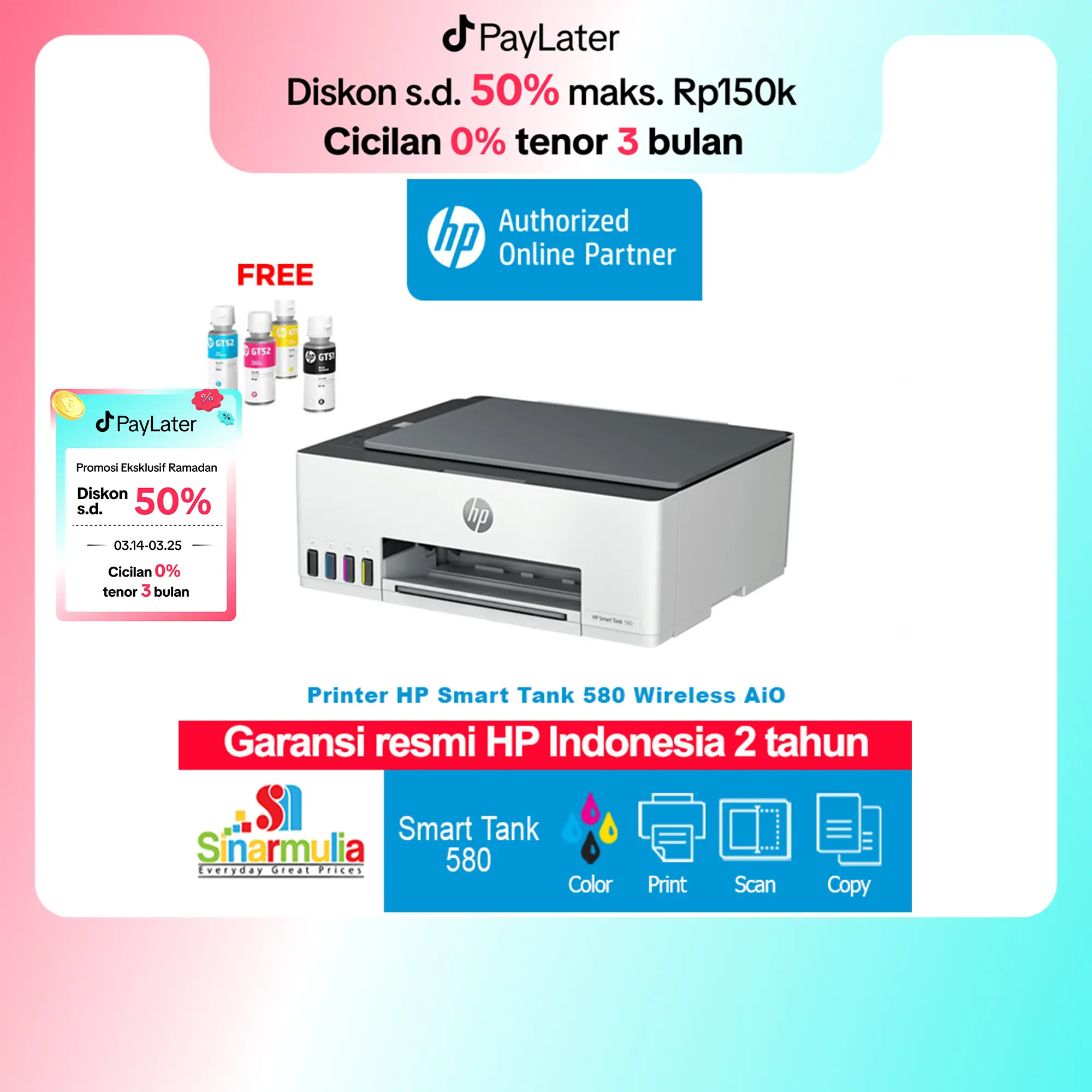 Printer HP Smart Tank 580 wireless All in One Garansi resmi HP Indonesia