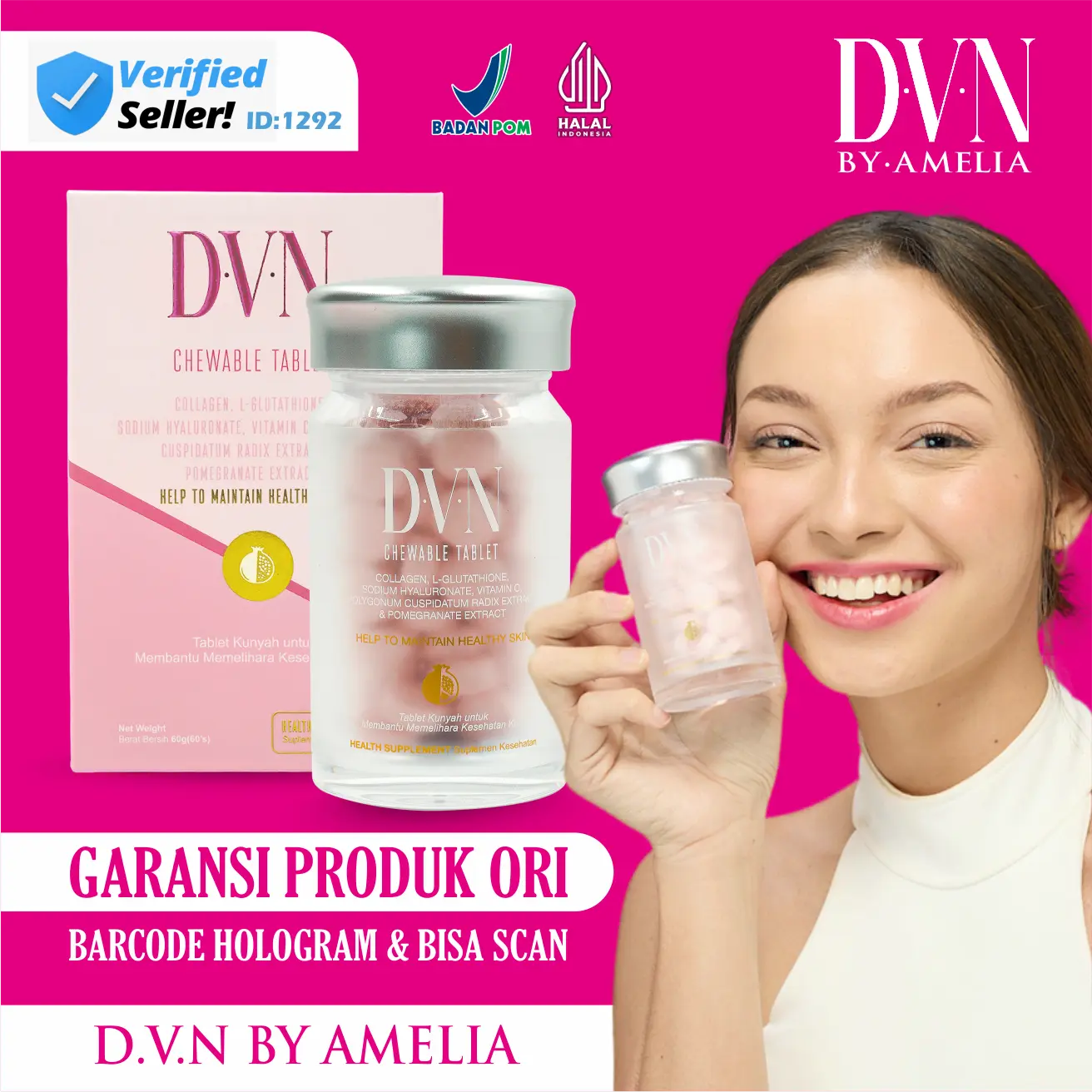 (BARCODE) DVN Tablet Kunyah Suplemen Menjaga Kesehatan Kulit | DVN Ori Asli isi 60 Tablet DVN ASLI HALAL 100% - F1