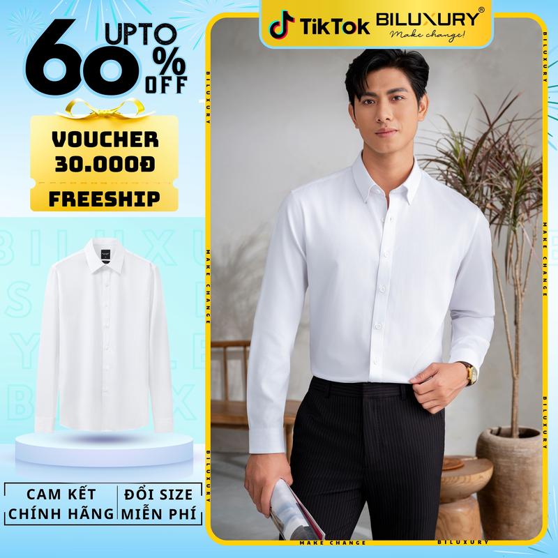 [HÀNG MỚI 2025] Áo Sơ Mi Trắng Dài Tay Trơn Biluxury Cao Cấp 8SMDB443TRK Bền Màu, Dễ Làm Sạch Thiết Kế Form Casual ôm vừa người tôn dáng Nam Menswear