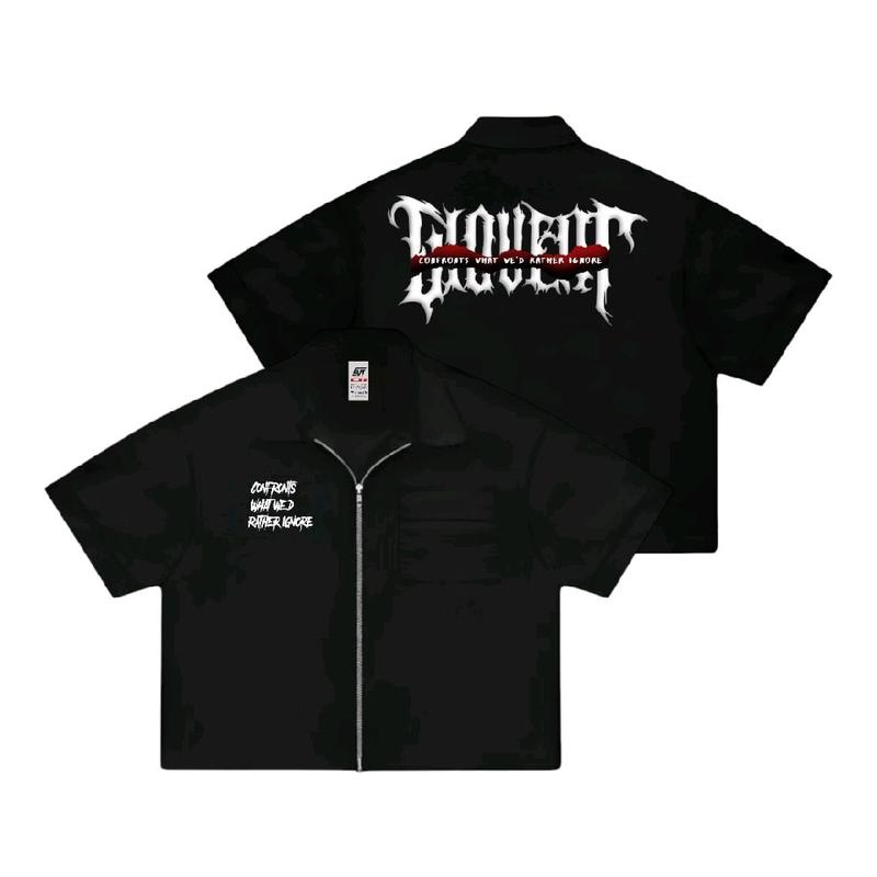 Giovent Work Shirt Zipper Boxy Kameja Kerja Casual Black "metalicaIgnore" 0