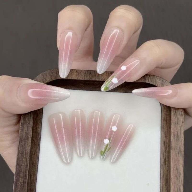  Mẫu nail mới dáng dài – hiệu ứng mắt mèo thạch hồng họa tiết hoa tulip. Giúp tôn da trắng kèm dụng cụ gắn móng 