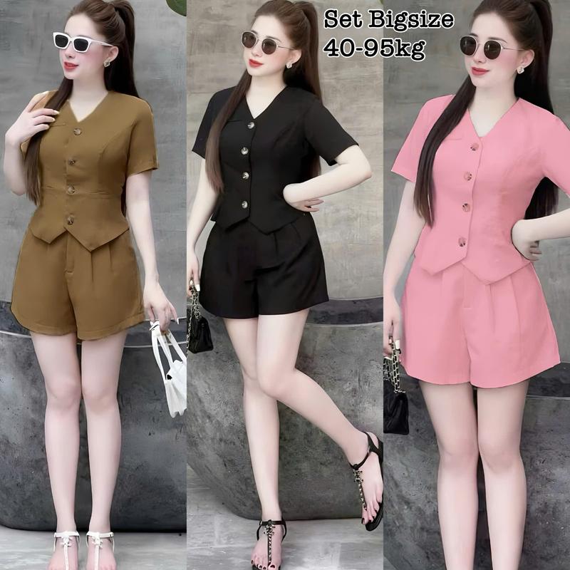 Thời Trang Bigsize - Set Bộ Áo Gile Nữ Tay Ngắn Bigsize Cổ V Kèm Quần Đùi Bo Chun Lụa Chéo Thái Thiết Kế Dự Tiệc Nữ Cao Cấp Xinh Đẹp Sang Trọng  50-95kg  Top  Màu Nâu Sen Màu Đen Set Đồ Nữ đẹp Set Áo Croptop Bộ Suit Nữ Sang Chảnh Bigsize Women - 2446