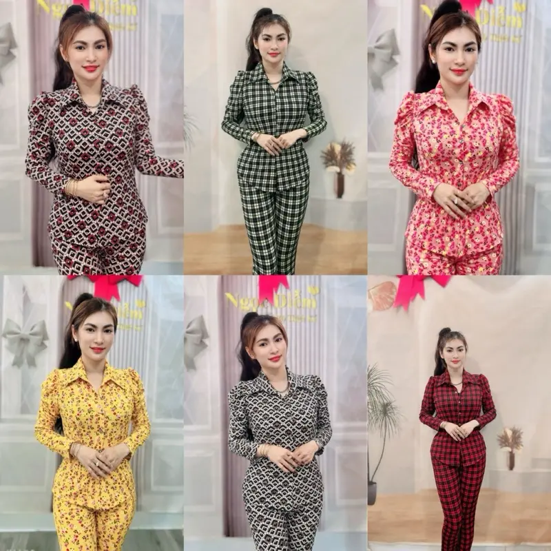 { Quần Ống Nhỏ } + Đồ Bộ Thiết Kế Cổ Sơ Mi Tay Dài — Thun Aty Tơ size 1234 NữTop