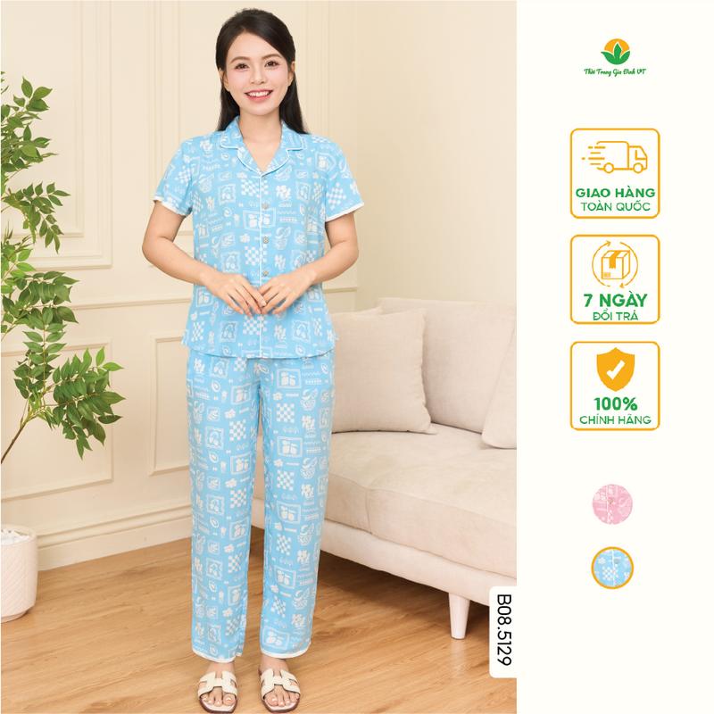 Bộ đồ Lanh hoa nữ quần dài áo cộc tay họa tiết thời trang Việt Thắng - B08.5129