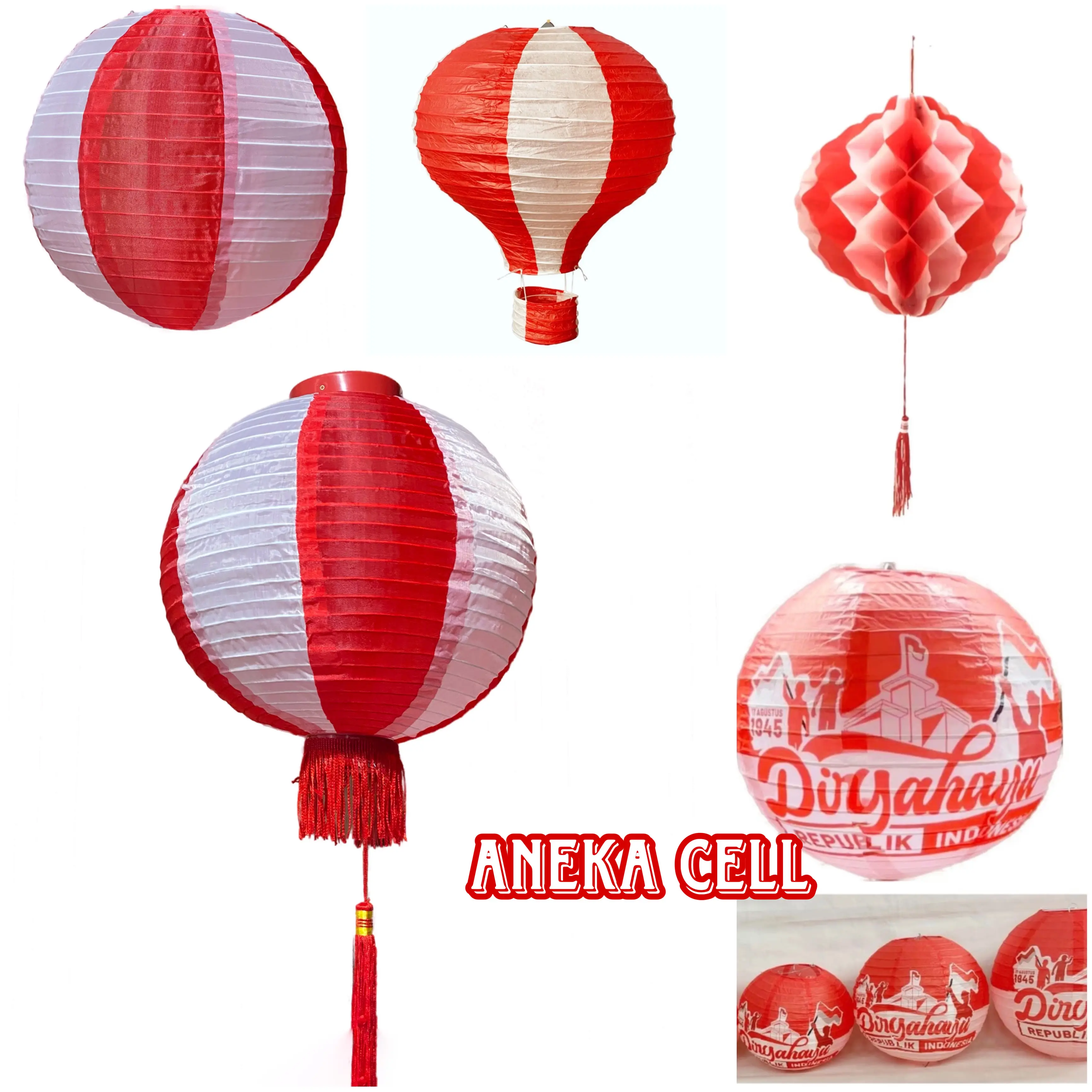 Lampion Merah Putih Dirgahayu HUT RI Dekorasi Lentera 17 Agustus Kemerdekaan Indonesia / Lampion Kain Parasut Rumbai Honeycomb Kertas Ukuran 6in 8in 10in 12in 14in