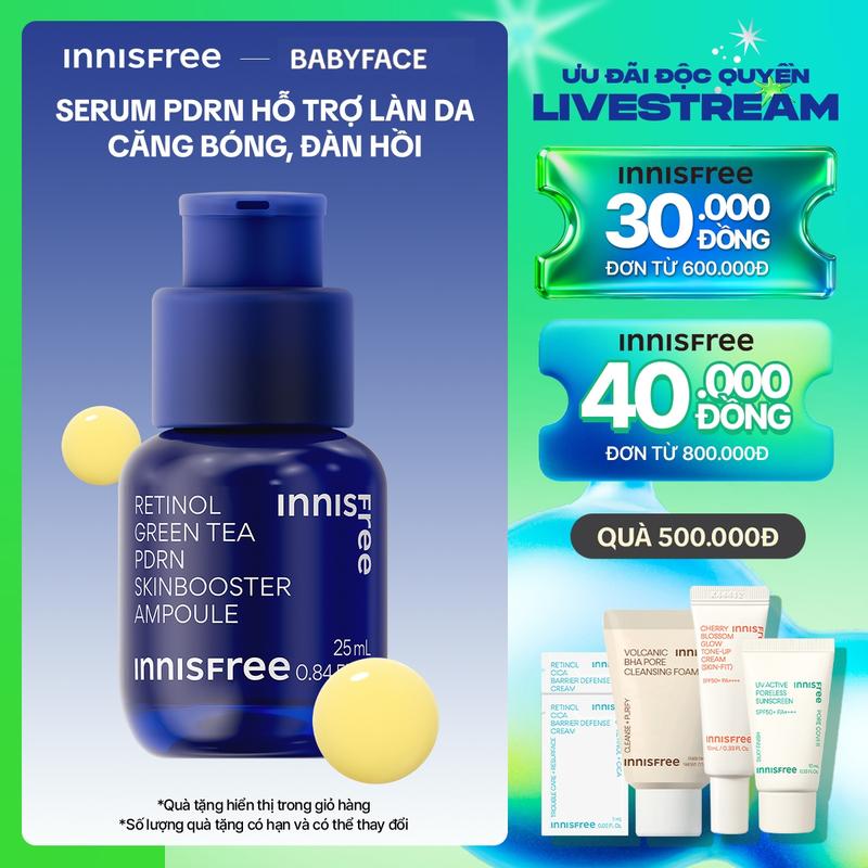 INNISFREE x BABY FACE Serum PDRN tế bào gốc trà xanh cho da căng bóng đàn hồi INNISFREE Retinol Green Tea PDRN Ampoule 25mL
