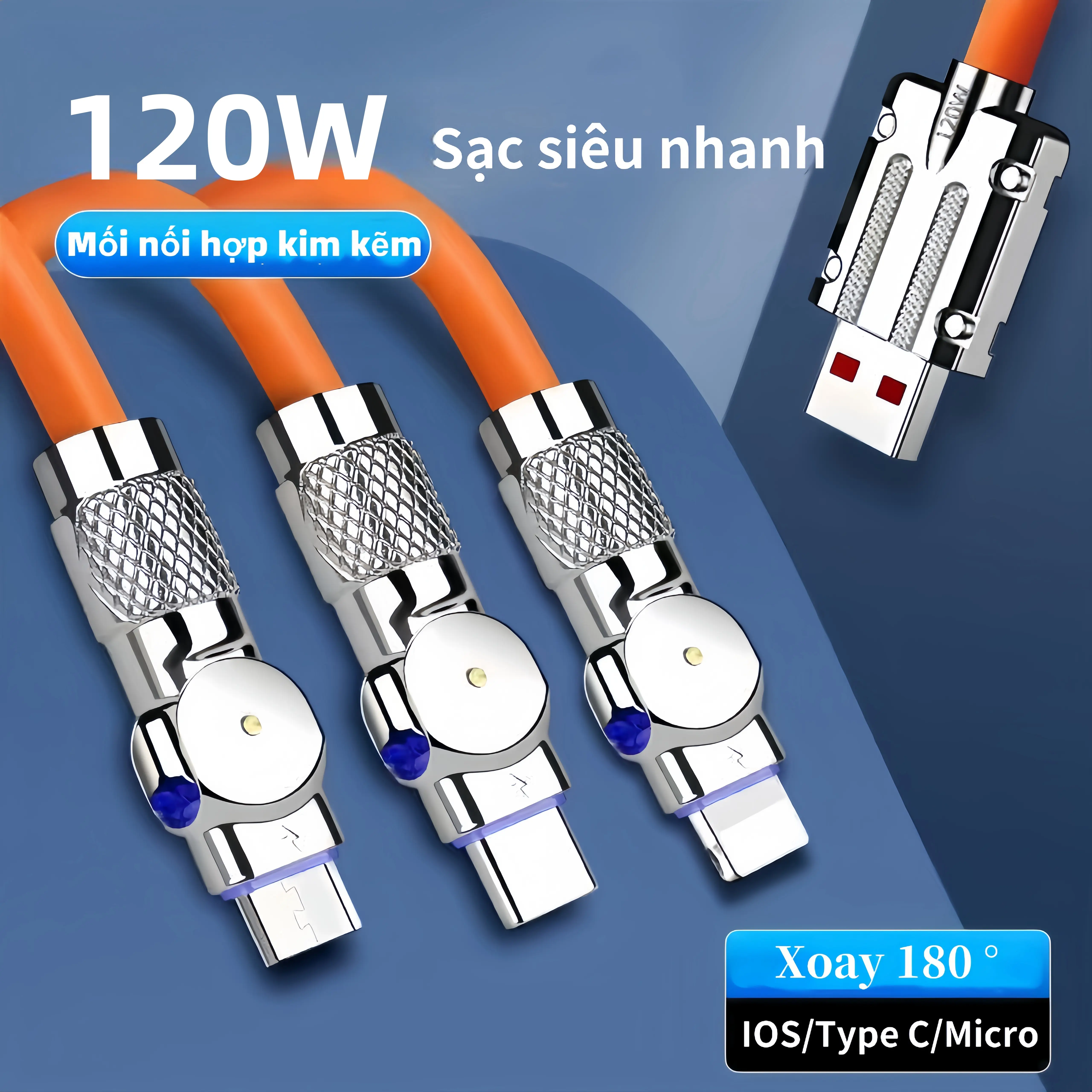 Cáp sạc, 3 trong 1, Có Thể Xoay 180 °, USB sang Lightning, IOS Type C và Micro, Cáp sạc nhanh