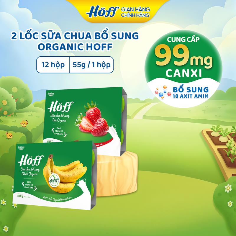  Sữa chua cho bé ăn dặm mix vị Hoff bổ sung Chuối organic Dâu organic bổ sung dinh dưỡng canxi axit amin vitamin D3 men vi sinh hỗ trợ hệ tiêu hóa hỗ trợ phát triển chiều cao 2 lốc  12 hộp x 55g  