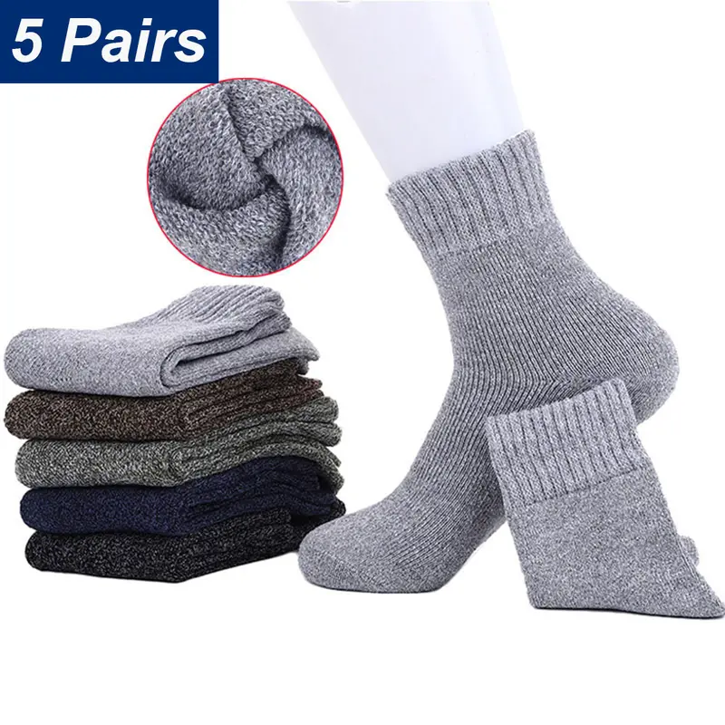 Tất Dày Ấm Áp, Dành Cho Nam Giới, Mùa Thu Và Mùa Đông, Màu Trơn Lót Lông Cừu, Tất Đi Trong nhà ống giữa 5 Đôi, Tất Bông, Cỡ EU 38-44, Hàng Mới Về 1