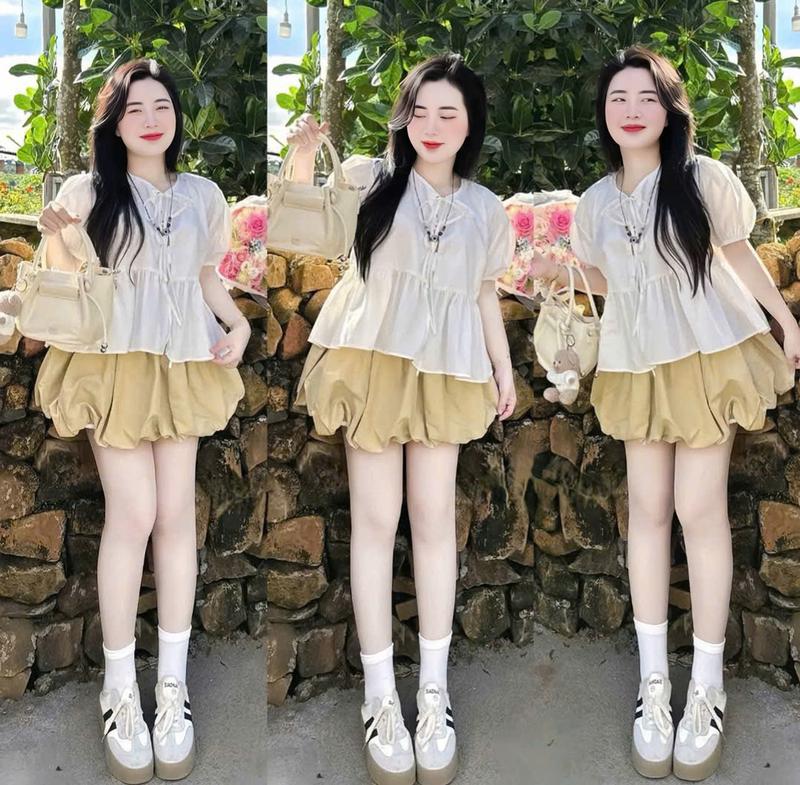 Set bộ nữ áo lụa tay phồng cổ tròn thắt dây nơ mix chân váy bí from ngắn xinh xắn dễ thương dành cho nàng di chơi,di phố.
