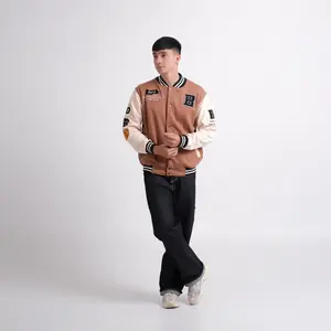 Jaket Varsity Baseball Full Bordir Pria Wanita Bahan Fleece Tebal Ukuran M L XL Cokelat