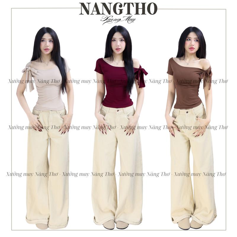 359 Áo Thun Kiểu Nữ Lệch Vai Chiết Eo Thắt Nơ RỜI Ôm Body Chất Cotton Co Giãn