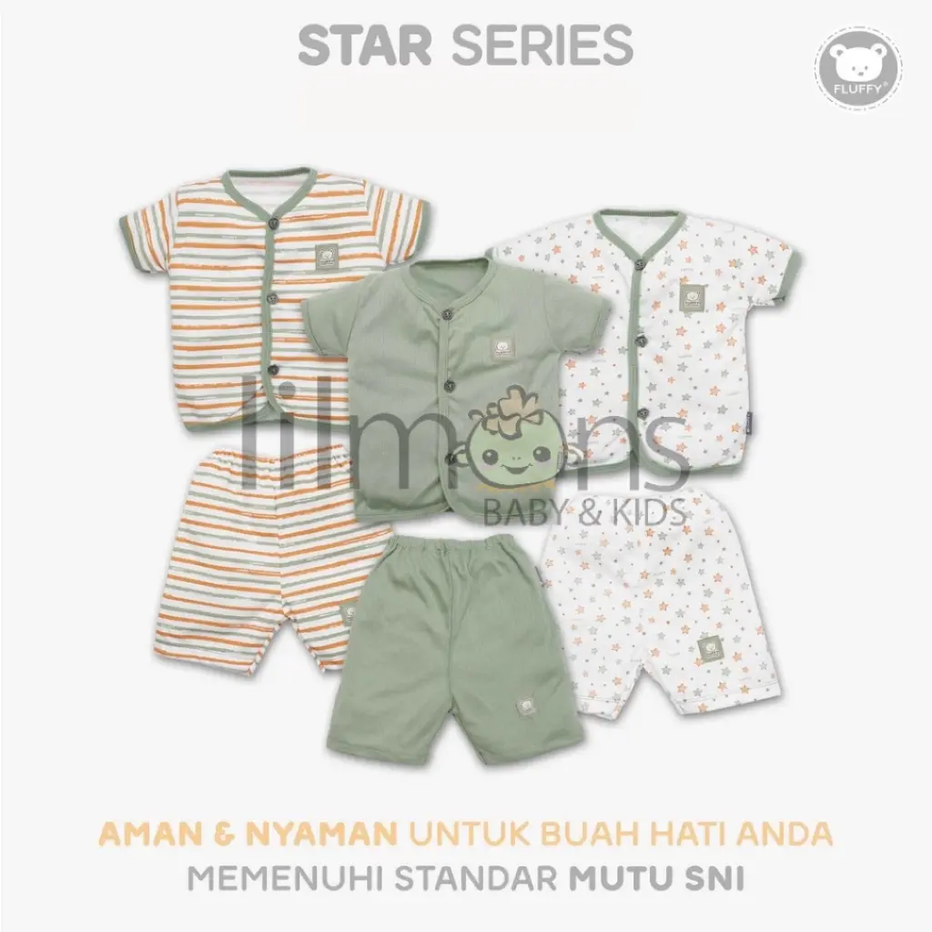 FLUFFY Setelan Baju Lengan Pendek Celana 3/4 Bis Star Series 1 Pcs | LILMONS