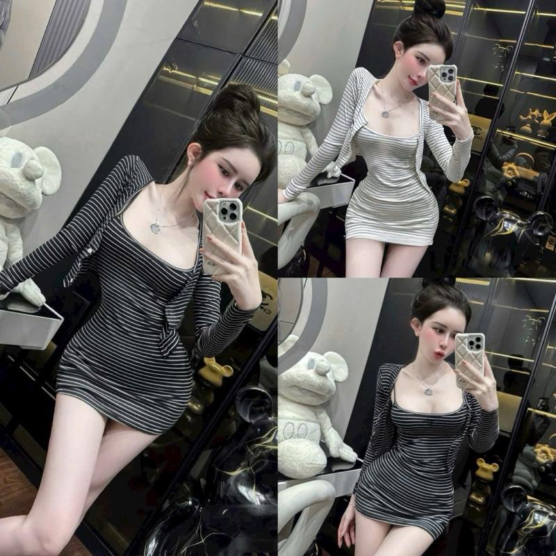 Set 2 món đầm body sọc fom ngắn kèm áo khoác ngoài xinh sang chảnh co dãn dành cho nữ-H216