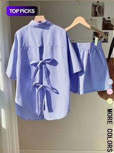 Conjunto de dos piezas para mujer con top de rayas y moño en la espalda & shorts, top casual con botones & shorts para verano, ropa de damas para vacaciones