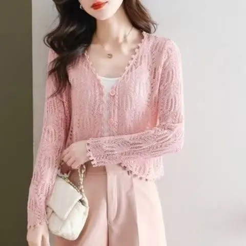 áo cardigan,áo lưới nữ form rộng,áo sweater,áo cardigan,áo sweater sw,áo lưới nữ sang chảnh,knitted blouse,Áo Choàng Dệt Kim Mỏng, OOTD-Thoáng Mát Mùa Hè, Áo Khoác Chống Nắng Ngắn Tay Cho Nữ, Phong Cách Phương Tây Mới, Áo Cardigan Khoét Lỗ Đan, Quần Áo Nữ 4