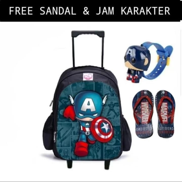 Product Introduction of COD/ Paket Hemat 3in1 Tas Ransel Troli Anak Laki-laki/Ransel Troly Superhero Free Jam Tangan Dan Sandal spon 1