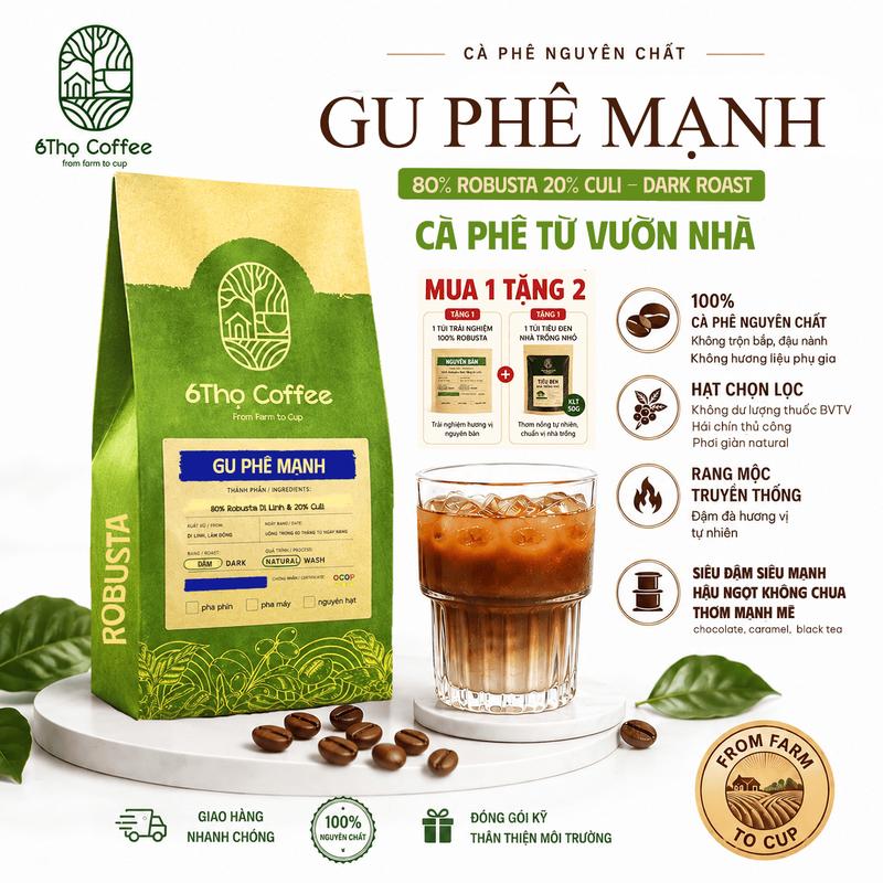 [DEAL 9.9][GU PHÊ MẠNH] Cà Phê Nguyên Chất Siêu Đậm Vị Không Chua - 80% Robusta 20% Culi Di Linh - Rang Mộc - Chín Cao Phơi Giàn