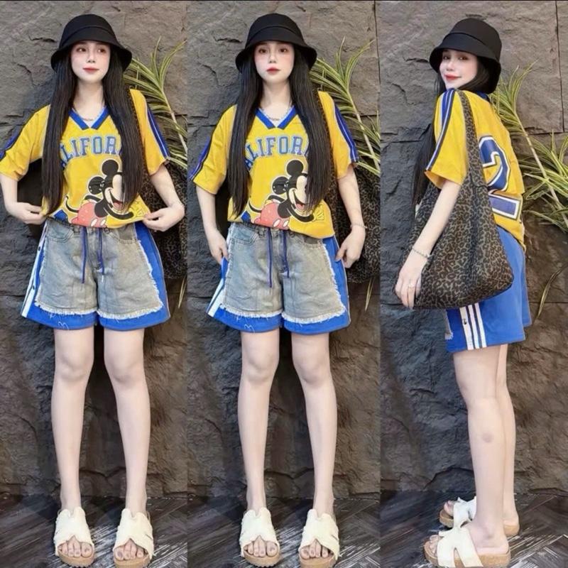   Bigsize 60 - 90kg  Set Đùi Jean Áo Thun Cotton Tay Ngắn Kèm Quần Jean Đùi 